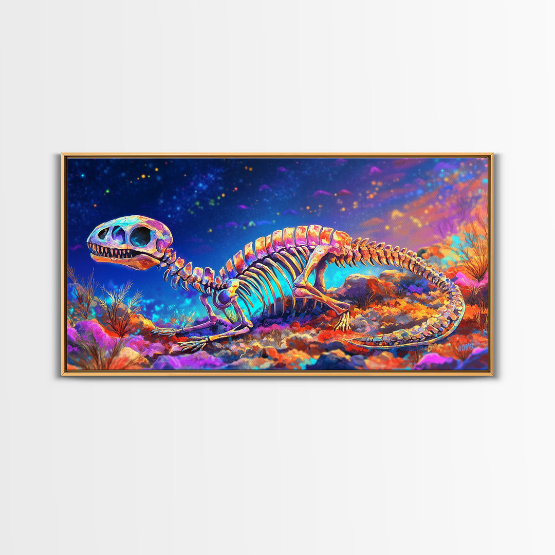 Colorful Dinosaur Skeleton Wall Art, Cosmic Fossil Fantasy Painting, Vibrant Science Decor, Kids Room Canvas Print, Dinosaur Gift