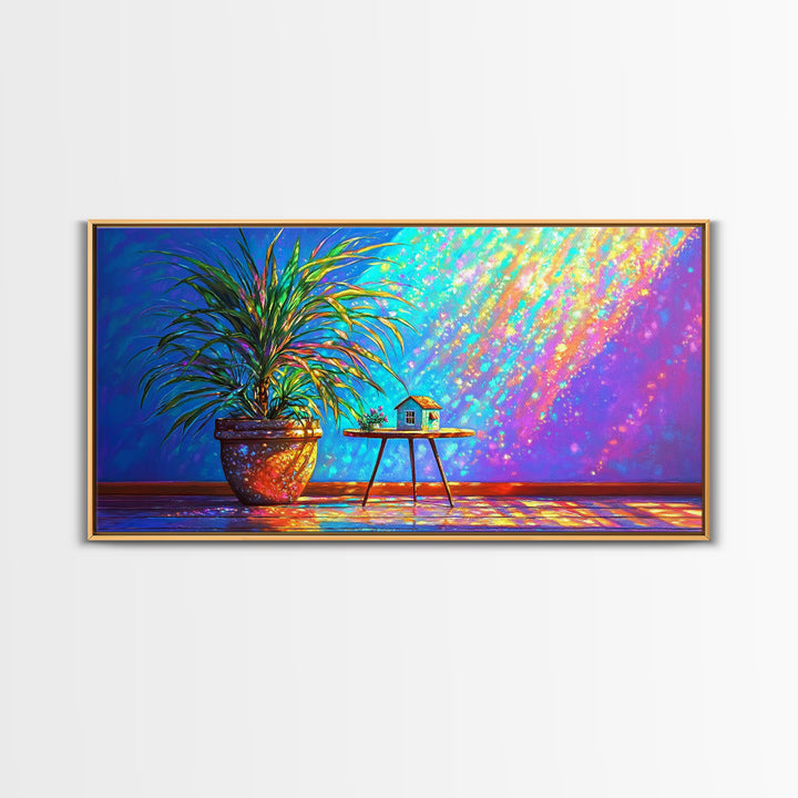 Potted Palm And Tiny House Wall Art, Rainbow Sunlit Room Still Life, Colorful Plant Decor, Modern Framed Canvas Print Gift