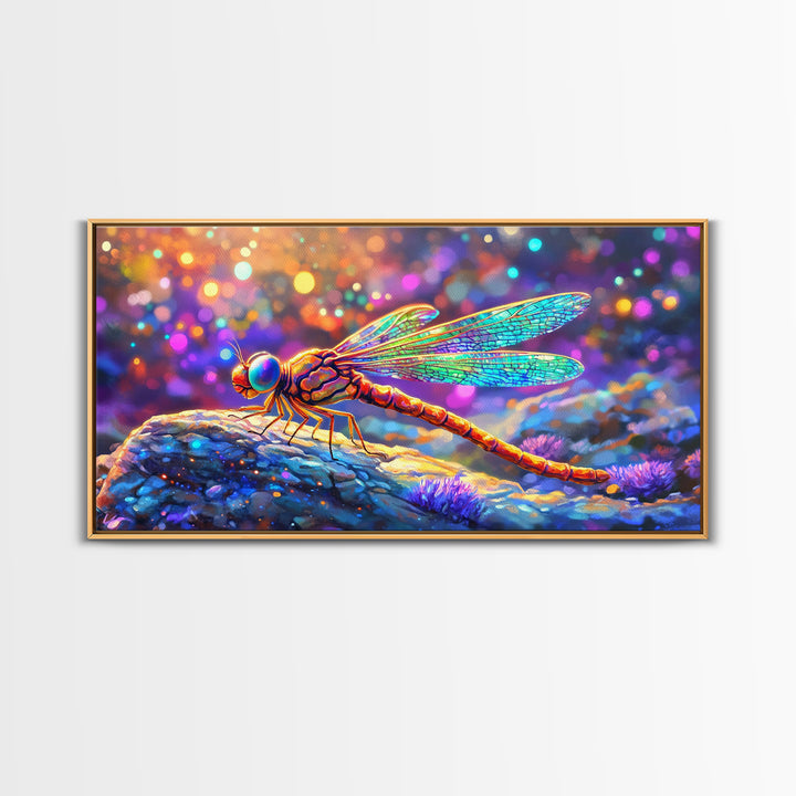 Iridescent Dragonfly On Pebble Wall Art, Colorful Nature Painting, Whimsical Insect Decor, Modern Framed Canvas Print Gift