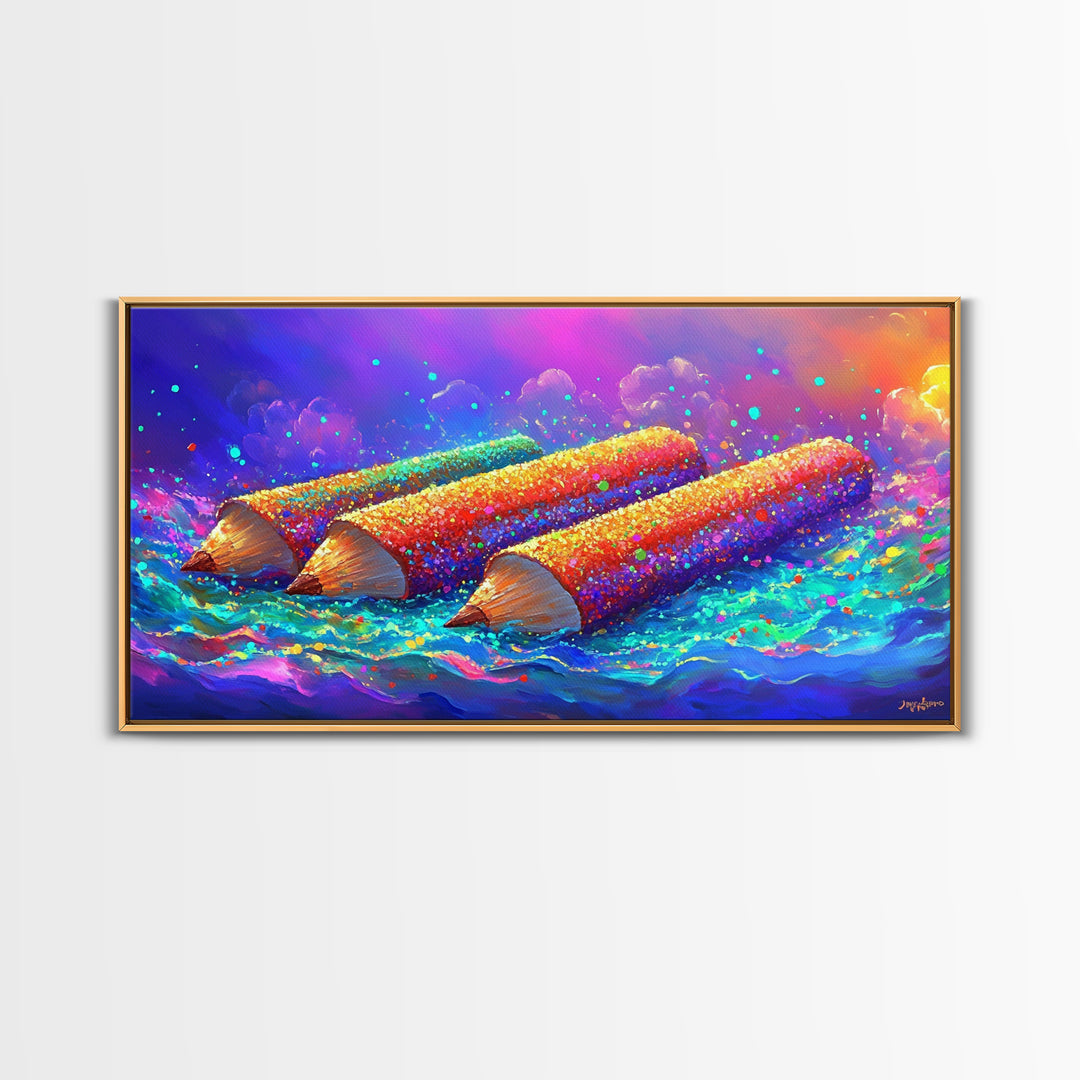 Giant Colorful Pencils In Ocean Waves Wall Art, Whimsical Art Supply Painting, Creative Studio Decor, Framed Canvas Print