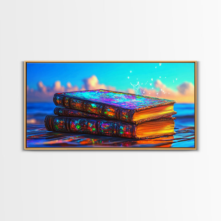Glowing Iridescent Antique Books Canvas Print, Fantasy Library Wall Art, Book Lover Gift, Magical Reading Nook Home Decor