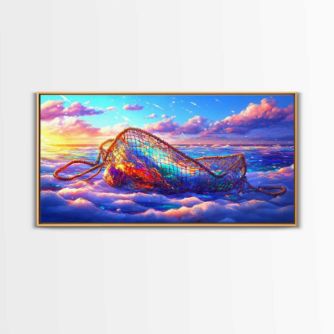Iridescent Fishing Net On Sunset Beach Wall Art, Coastal Ocean Canvas Print, Nautical Decor, Beach House Living Room Art