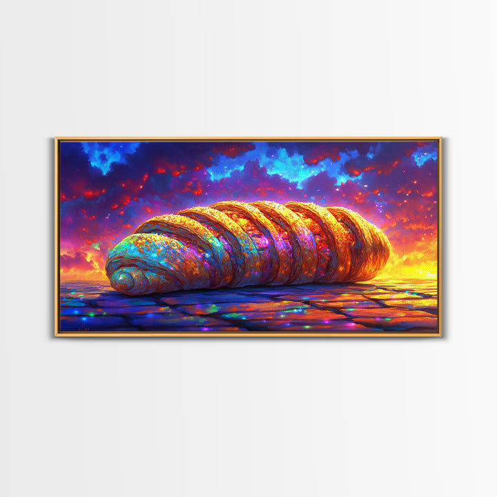 Golden Croissant Pastry At Dramatic Sunset Canvas Print, Bakery Wall Art, French Kitchen Decor, Foodie Gift, Cafe Poster