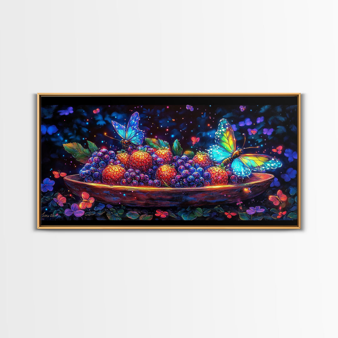 Butterflies Over Glowing Berries In Wooden Bowl Canvas Print, Whimsical Wall Art, Botanical Decor, Colorful Nature Gift