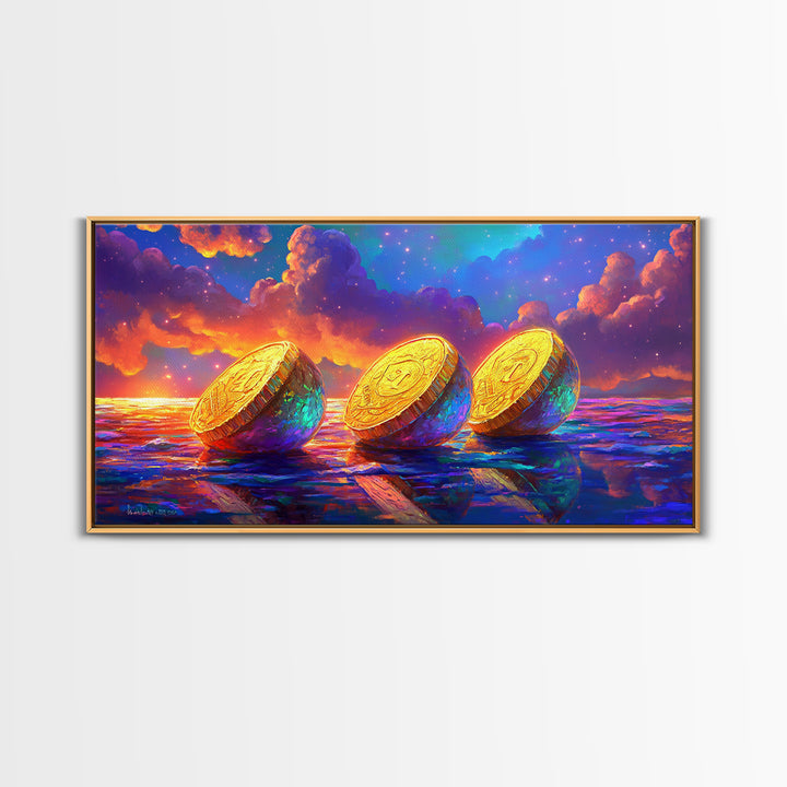 Golden Coins On Reflective Ocean Canvas Print, Abstract Seascape, Coastal Wall Art, Sunset Painting, Statement Artwork, Decor