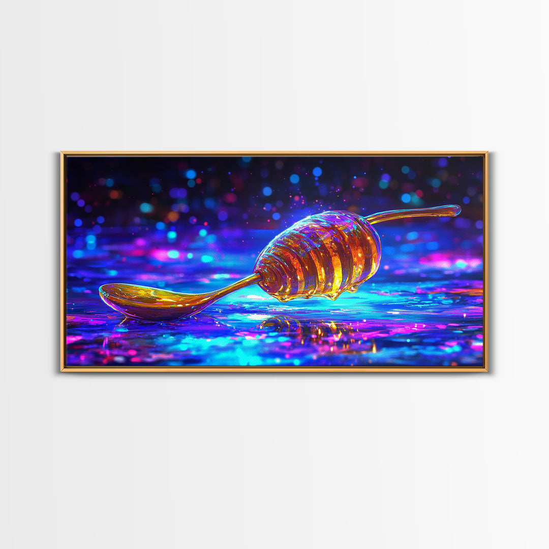 Neon Honey Dipper With Golden Drizzle Wall Art, Colorful Kitchen Decor, Food Lover Gift, Modern Canvas Print, Dining Room Prints