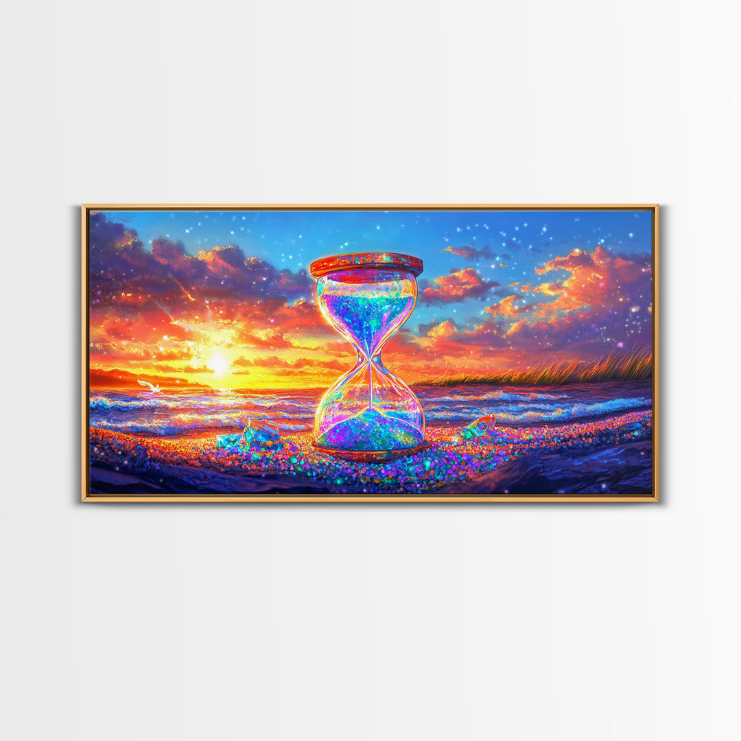 Sparkling Hourglass On Sunset Beach Canvas Print, Coastal Wall Art, Surreal Seascape Decor, Ocean Lover Gift For Her, Living Room Decor