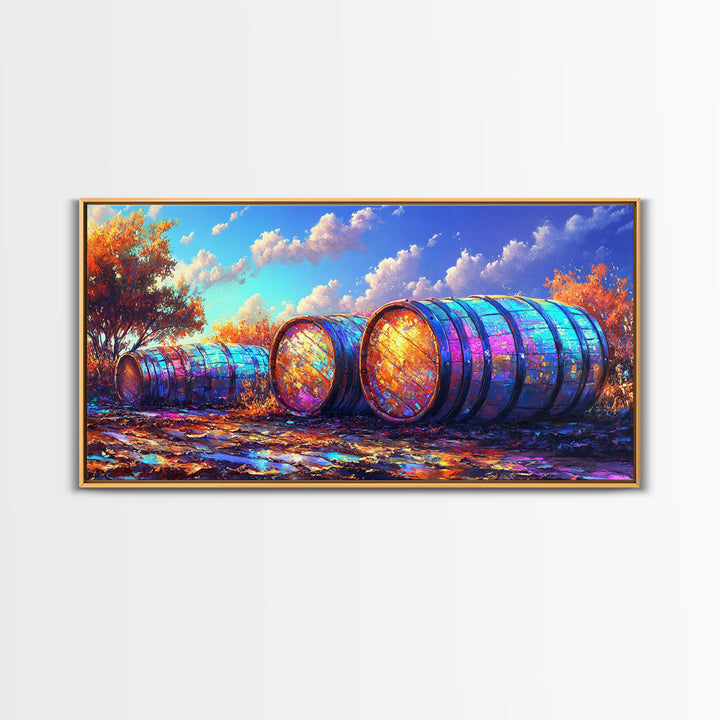 Rainbow Wine Barrels In Autumn Vineyard Wall Art, Rustic Farmhouse Decor, Winery Wall Art, Colorful Landscape, Dining Room Print