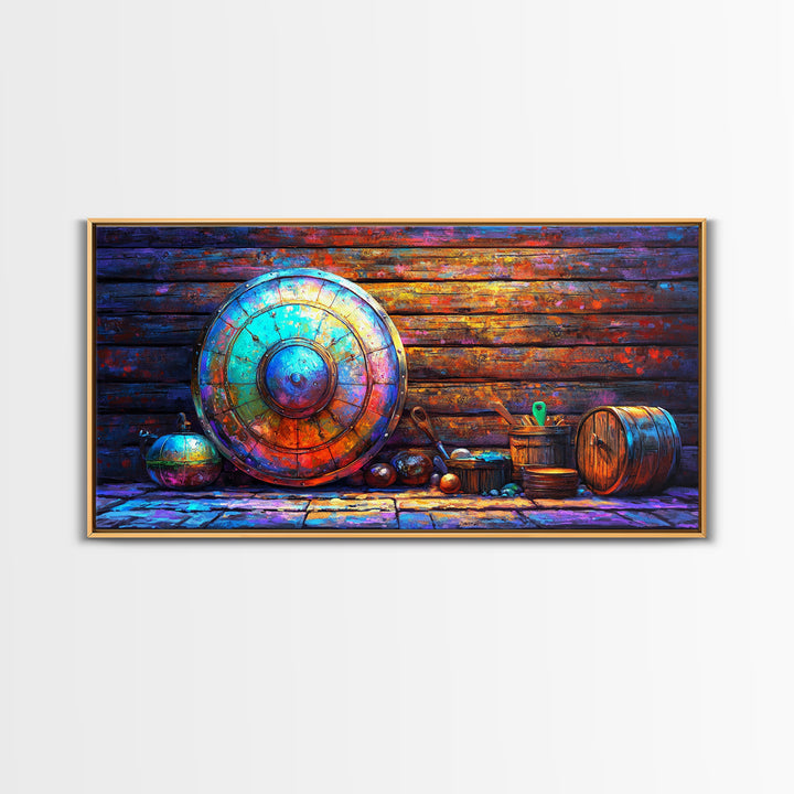 Weathered Viking Shield And Rustic Vessels Framed Canvas Print, Medieval Wall Art, Nordic Decor, Man Cave Art, Fantasy Gift