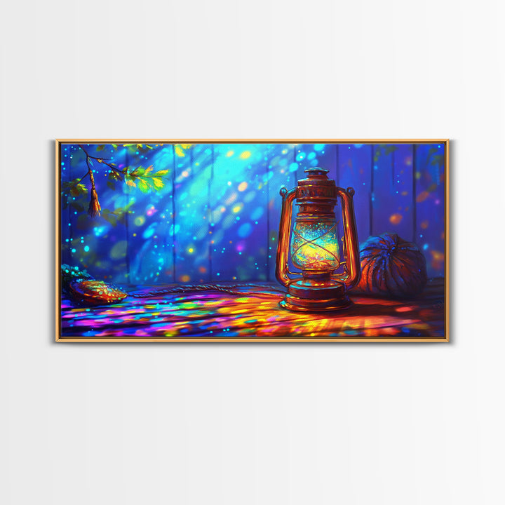 Glowing Camping Lantern In Blue Forest Canvas Print, Rustic Cabin Wall Art, Cozy Wall Decor, Nature Art, Outdoor Decor, Camping Gift