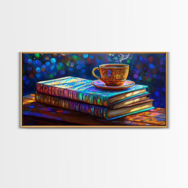 Steaming Teacup On Stacked Books Framed Canvas Print, Cozy Library Wall Art, Book Lover Gift, Coffee Shop Home Decor, Reading Nook Decor