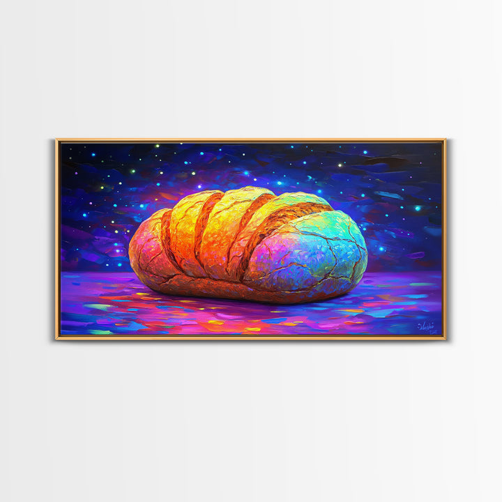 Glowing Croissant Pastry Under Starry Sky Canvas Print, Bakery Wall Art, Kitchen Decor, French Patisserie Gift For Foodie