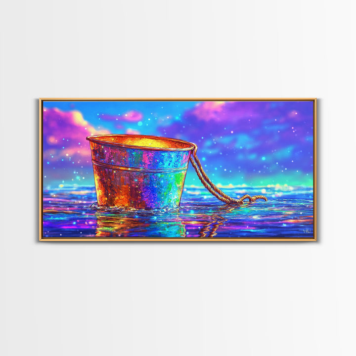 Rainbow Rusty Bucket Floating On Ocean Waves Canvas Print, Colorful Coastal Wall Art, Beach House Decor, Surreal Seascape