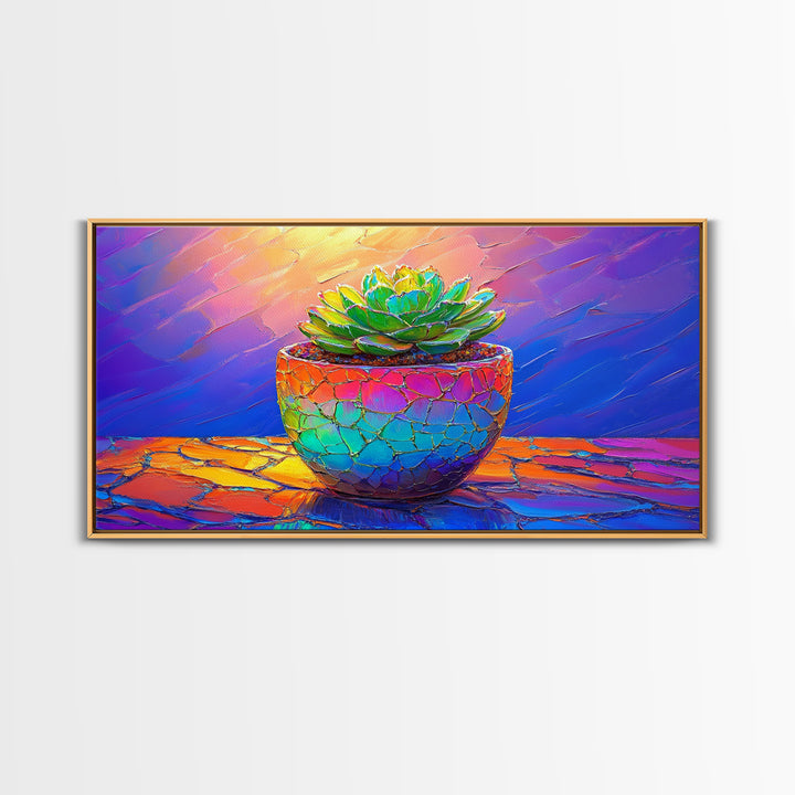 Mosaic Succulent In Rainbow Ceramic Pot Framed Canvas Print, Botanical Wall Art, Colorful Home Decor, Boho Plant Art Gift
