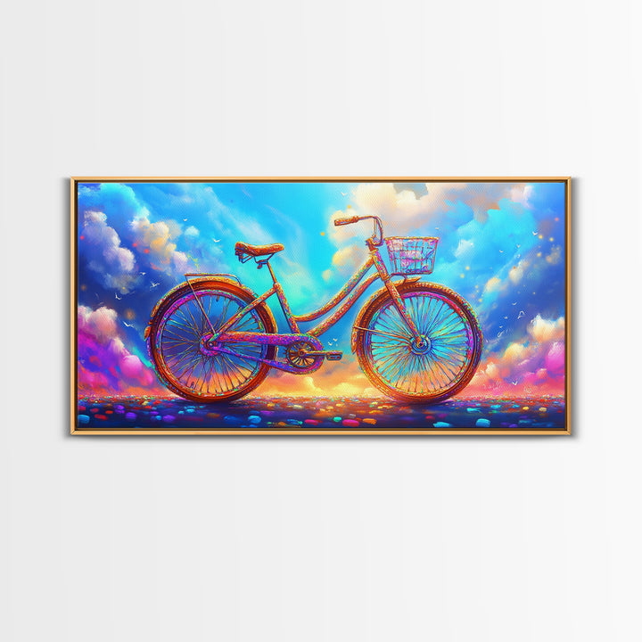 Rainbow Cruiser Bicycle Under Dreamy Clouds Canvas Print, Whimsical Wall Art, Kids Room Decor, Colorful Nursery Art Gift
