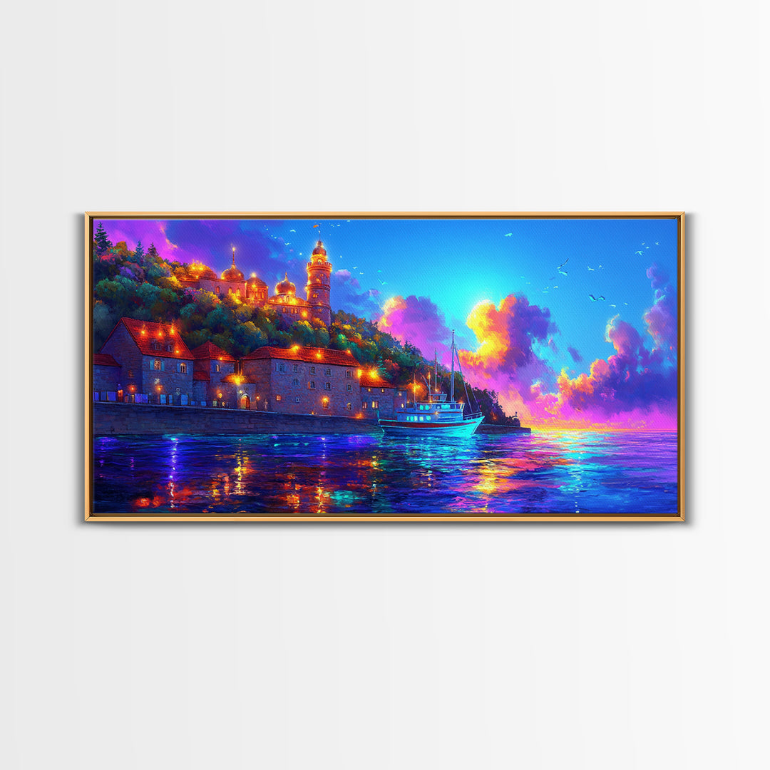 Sunset Harbor Village And Sailboat Canvas Print, Coastal Wall Art, Mediterranean Decor, Travel Poster, Living Room Art Print