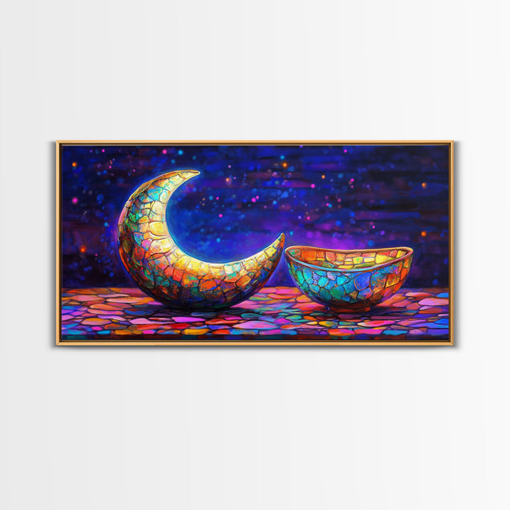 Mosaic Crescent Moon And Bowl Wall Art, Celestial Night Sky Decor, Mystical Boho Canvas, Gift For Her Home Decor, Moon Phase Art