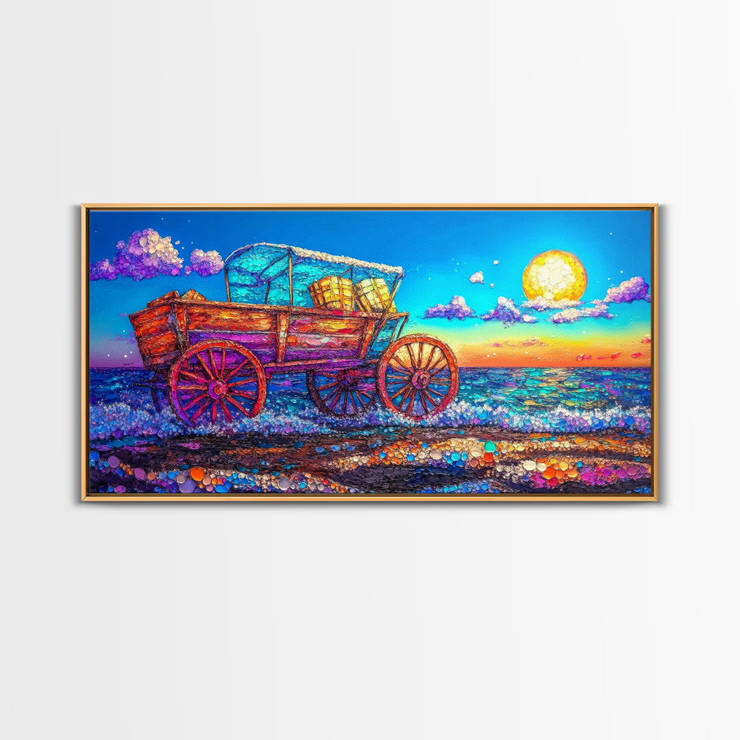 Rustic Wooden Wagon By Moonlit Ocean Wall Art, Coastal Farmhouse Decor, Country Landscape Art, Beach House Decor Gift For Her