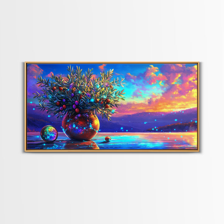 Mediterranean Olive Branches In Glowing Vase Wall Art, Italian Coastal Decor, Kitchen Wall Art, Lake Como Inspired Gift For Her