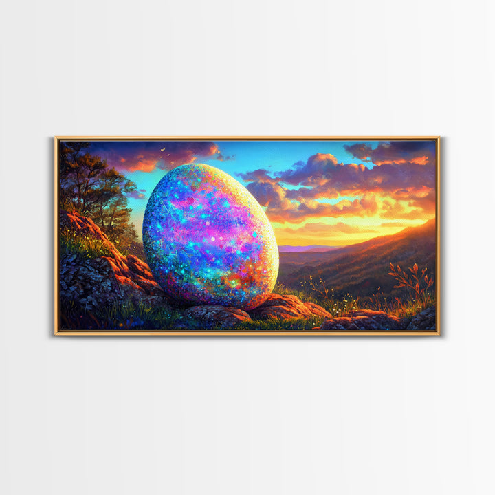 Glittering Easter Egg Mountain Sunset Canvas Print, Whimsical Wall Art, Spring Decor, Fantasy Landscape, Colorful Wall Art