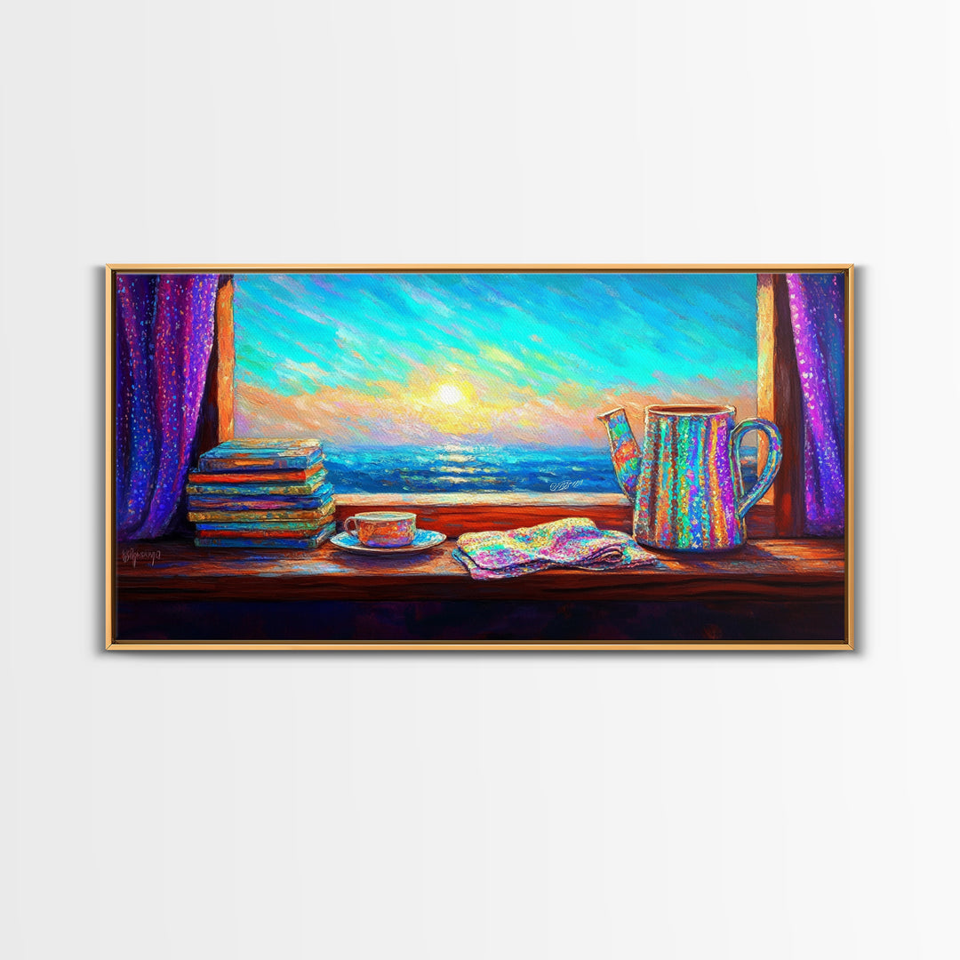 Ocean View Books And Tea By Window Canvas Print, Coastal Wall Art, Reading Nook Decor, Beach House Decor, Cozy Wall Art For Her