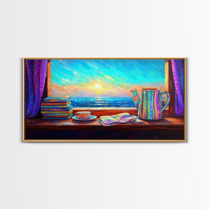 Ocean View Books And Tea By Window Canvas Print, Coastal Wall Art, Reading Nook Decor, Beach House Decor, Cozy Wall Art For Her