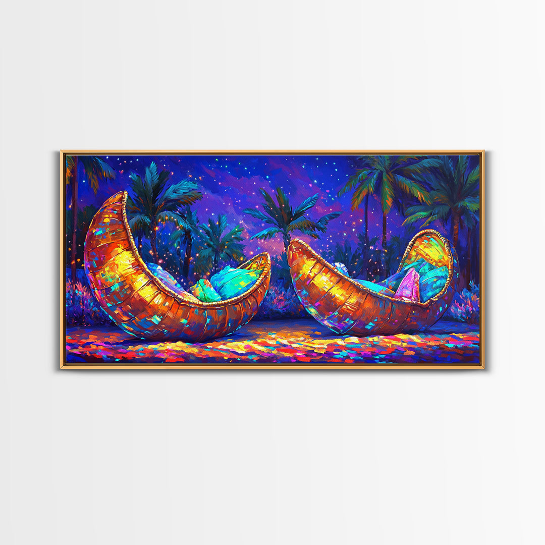 Glowing Crescent Moon Hammocks Under Palms Framed Canvas Print, Tropical Wall Art For Boho Bedroom Decor And Summer Home Decor