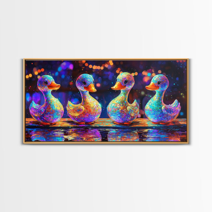 Four Rainbow Rubber Ducks In A Row Canvas Print, Whimsical Animal Wall Art For Bathroom Decor And Kids Room Decor Gift Idea