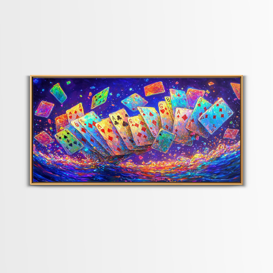 Exploding Neon Playing Cards Canvas Print, Game Room Wall Art, Poker Wall Art, Man Cave Decor, Maximalist Home Decor Gift