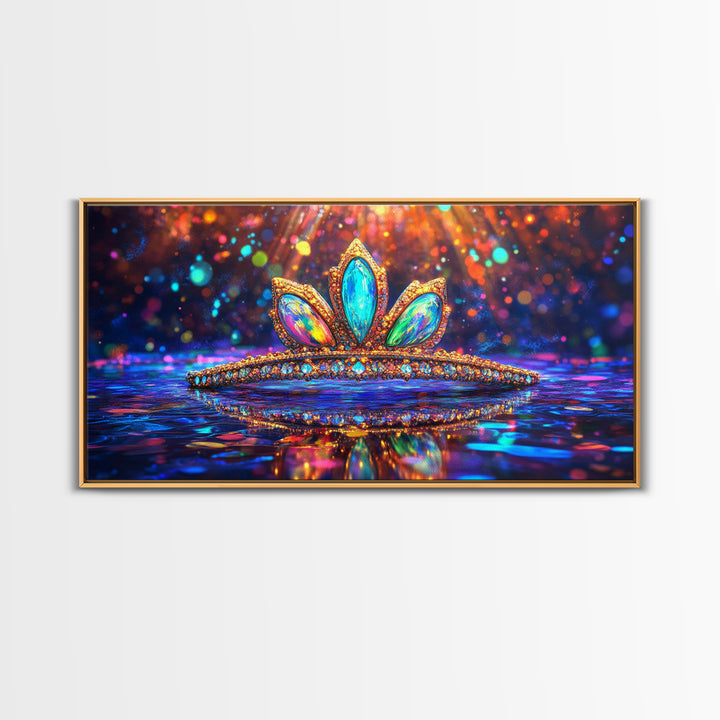 Jeweled Tiara With Rainbow Reflections Framed Canvas Print, Princess Wall Art, Glam Wall Decor, Feminine Gift For Her, Bedroom Decor