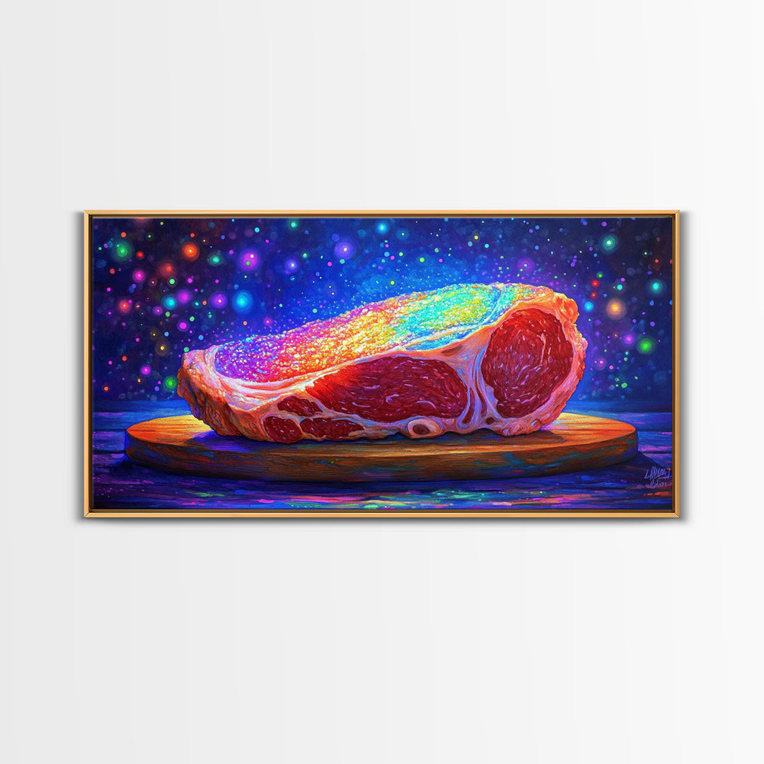 Rainbow Steak On Wooden Board Canvas Print, Bold Food Wall Art, Kitchen Decor, Restaurant Poster, Gift For Chef Or Foodie