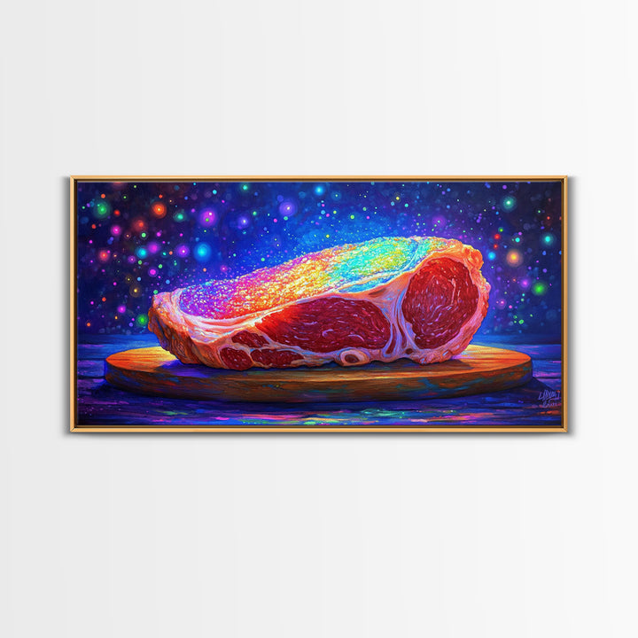 Rainbow Steak On Wooden Board Canvas Print, Bold Food Wall Art, Kitchen Decor, Restaurant Poster, Gift For Chef Or Foodie