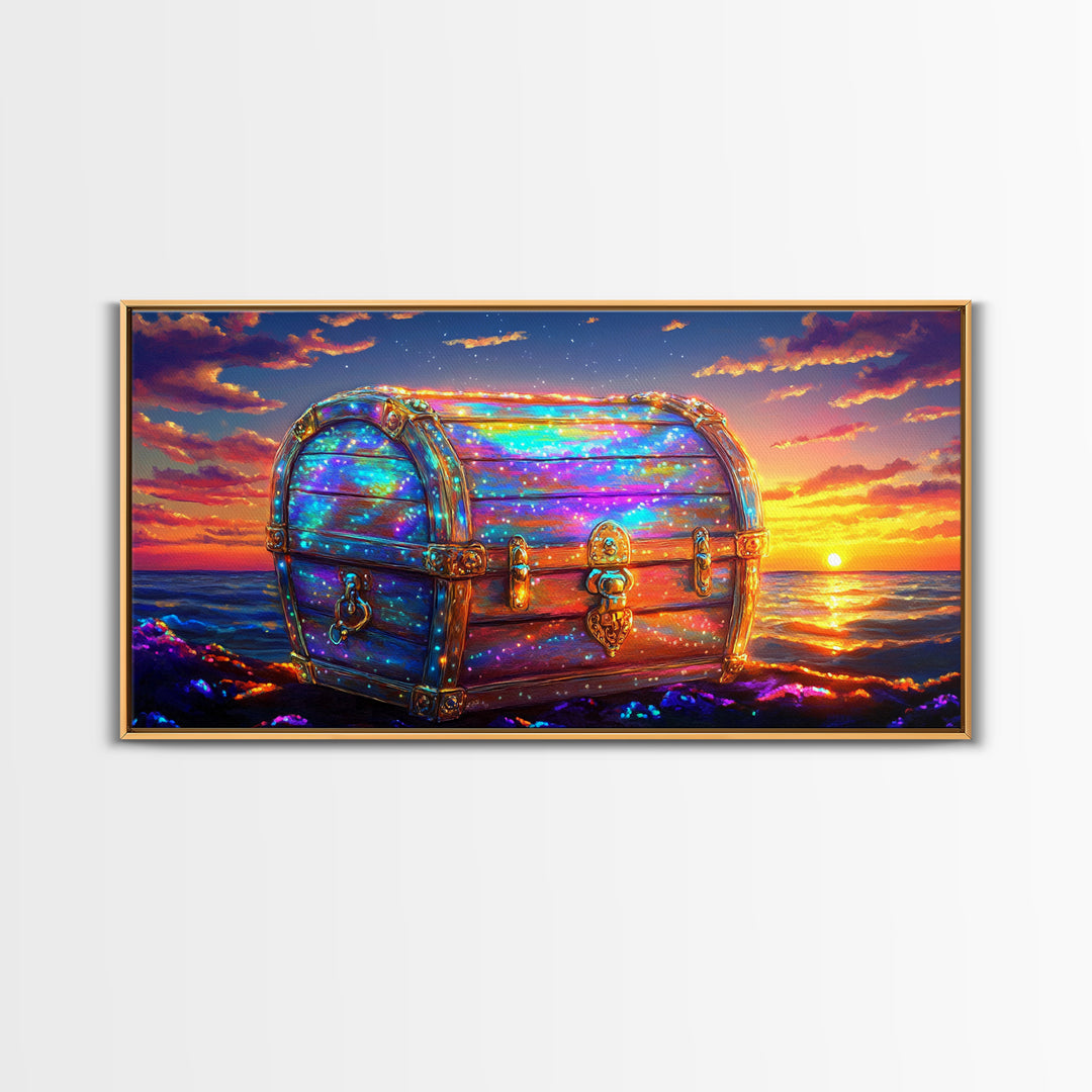 Glowing Treasure Chest At Ocean Sunset Canvas Print, Fantasy Wall Art, Coastal Decor, Adventure Gift, Beach House Decor Art