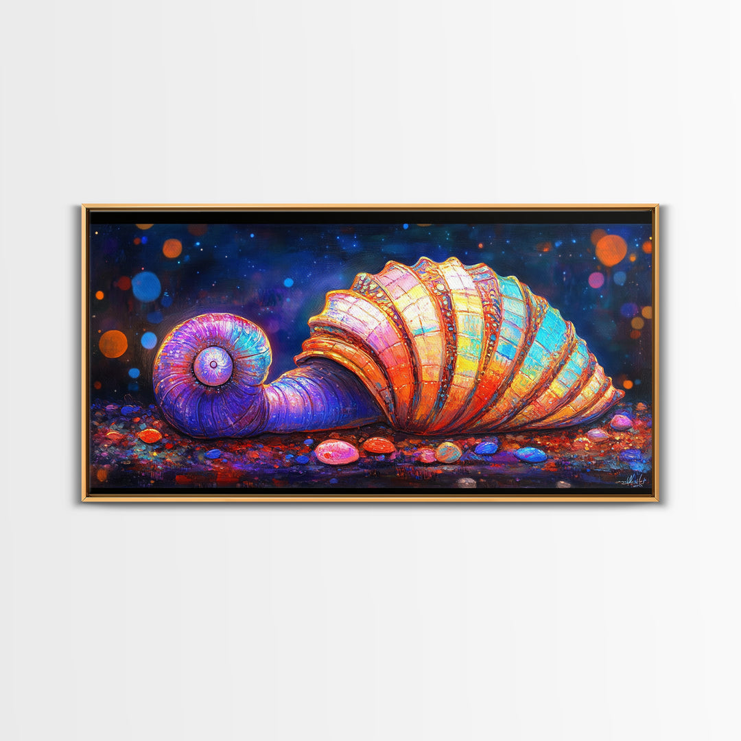 Glowing Spiral Seashell On Pebble Shore Canvas Print, Nautical Coastal Wall Art, Beach House Decor, Ocean Life Art Print