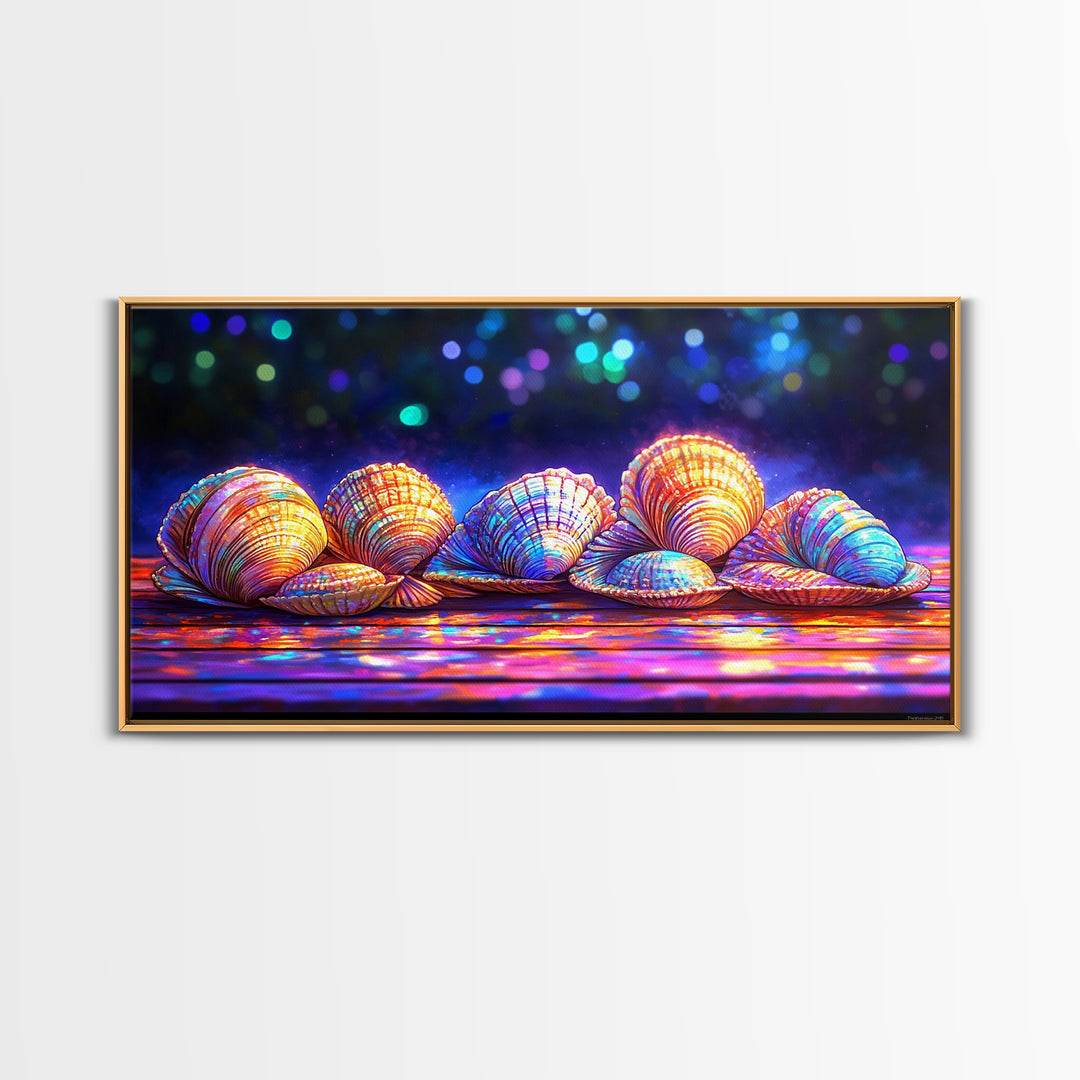 Glowing Clam Shells On Neon Table Canvas Print, Colorful Coastal Wall Art, Beach House Decor, Nautical Gallery Wall Art