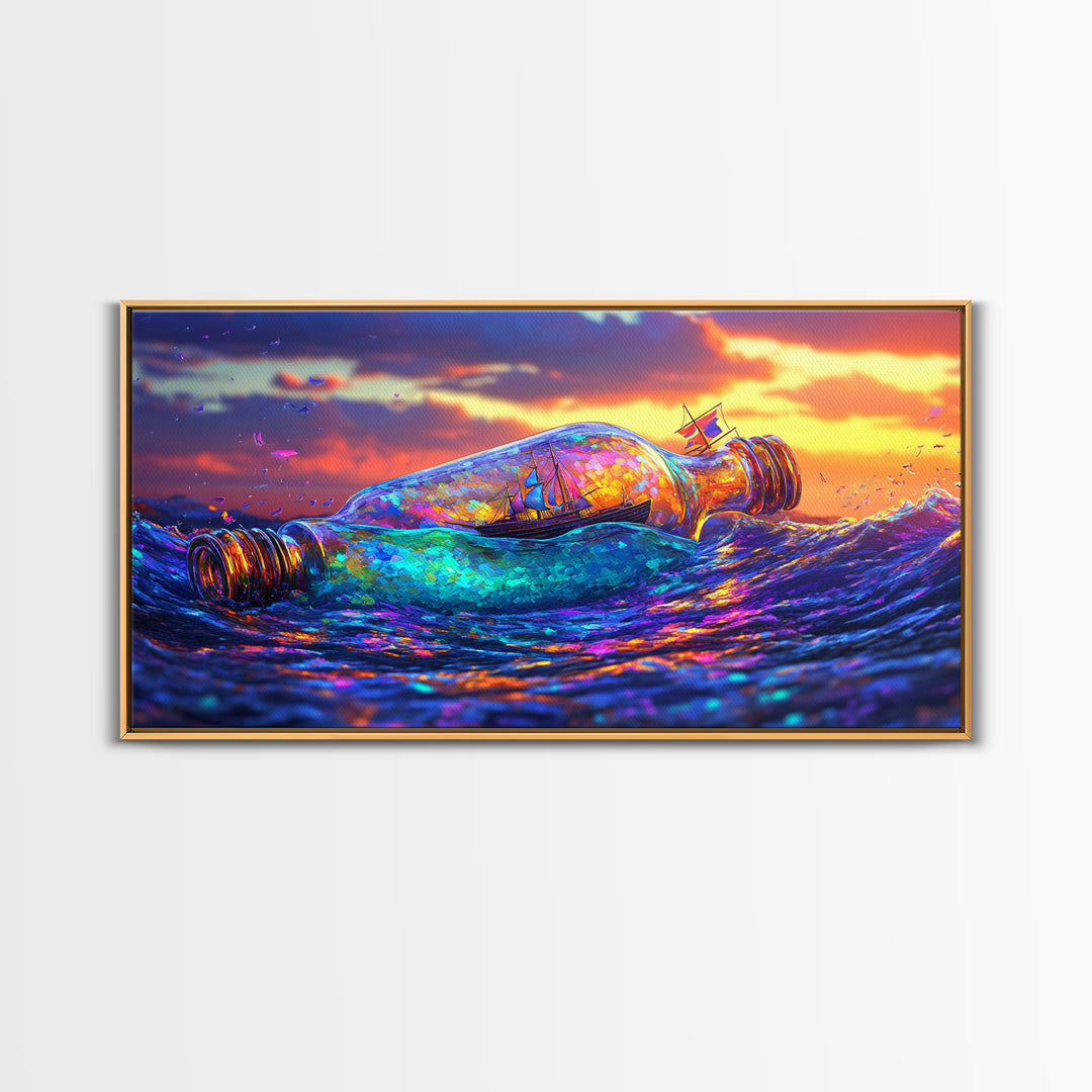 Tiny Ship In Glass Bottle Riding Ocean Waves Wall Art, Nautical Seascape Decor, Coastal Canvas Print, Travel Gift For Him
