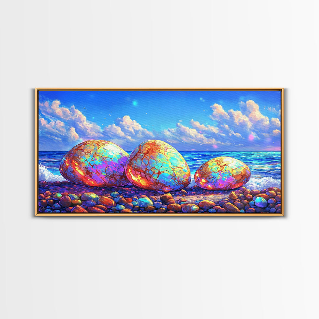 Iridescent Pebbles On Sunny Beach Canvas Print, Coastal Wall Art, Ocean Art Print, Beach House Decor, Colorful Nature Art