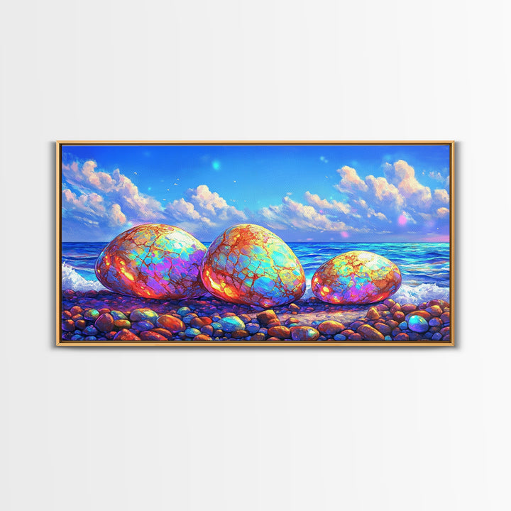 Iridescent Pebbles On Sunny Beach Canvas Print, Coastal Wall Art, Ocean Art Print, Beach House Decor, Colorful Nature Art