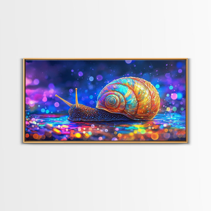 Glowing Rainbow Snail On Wet Ground Wall Art, Whimsical Animal Art Print, Nature Wall Art, Dopamine Decor, Unique Gift For Her