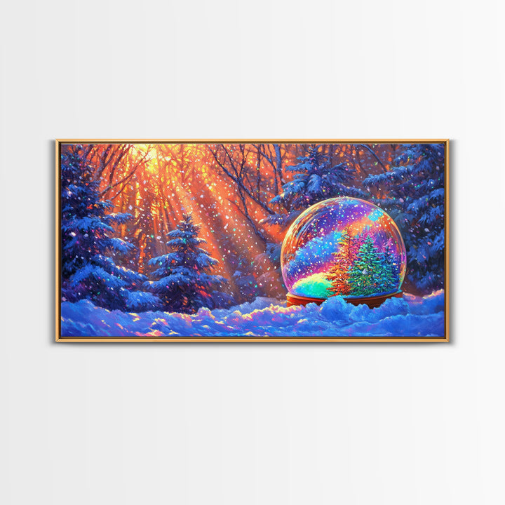 Snow Globe With Rainbow Winter Forest Wall Art, Christmas Decor, Cozy Wall Art, Winter Landscape Print, Whimsical Home Decor
