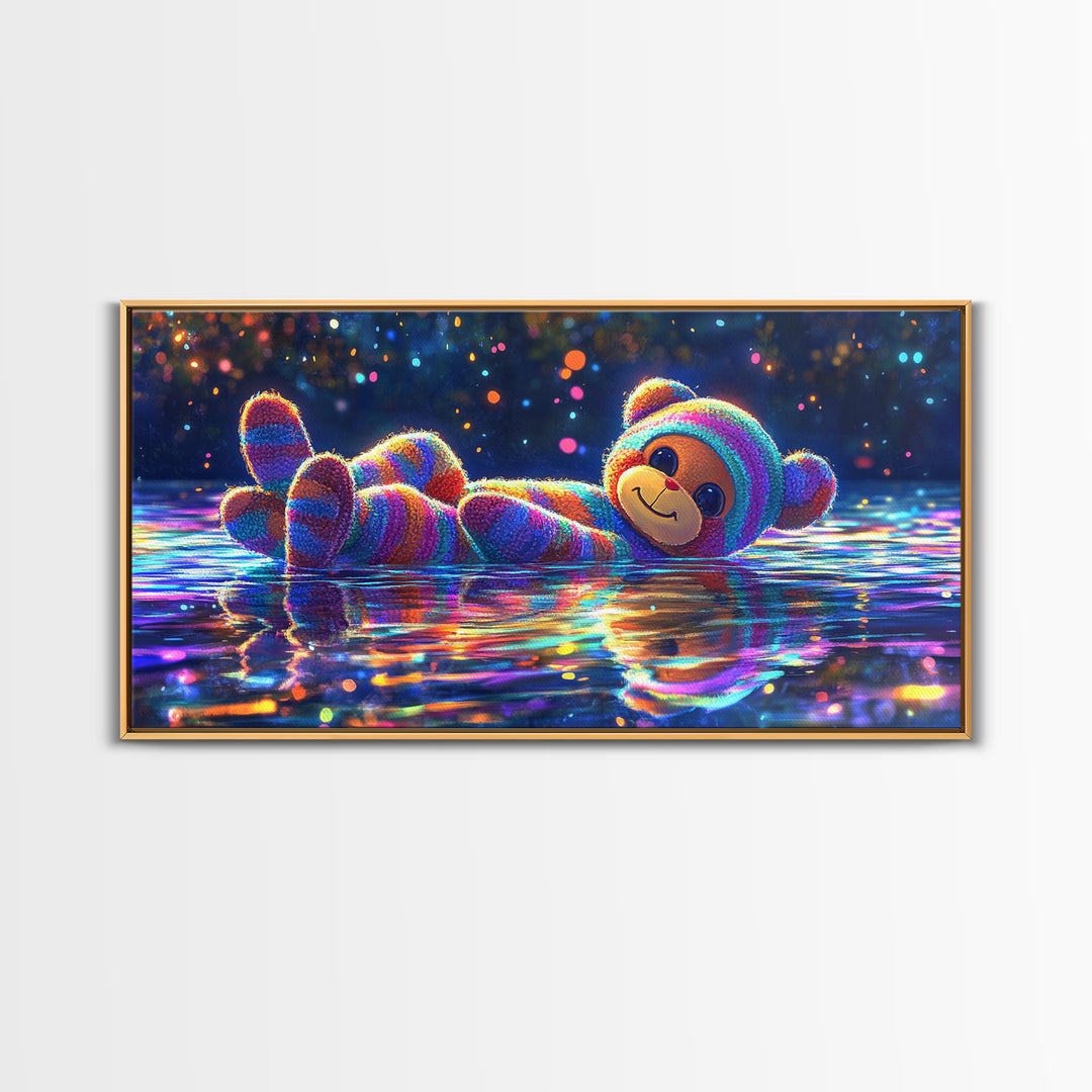 Rainbow Plush Teddy Bear On Reflective Water Wall Art, Cute Kids Room Art, Nursery Wall Art, Dopamine Decor, Baby Gift For Her