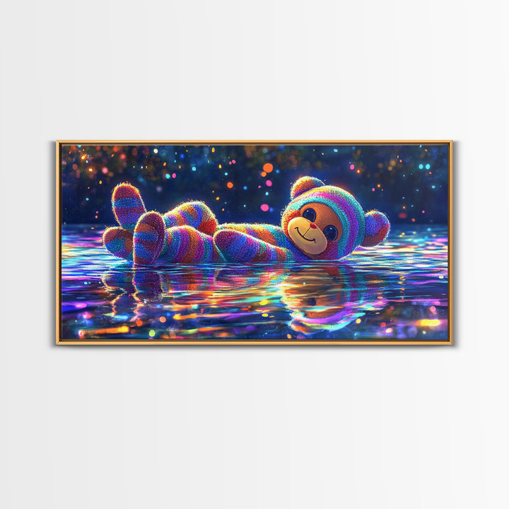 Rainbow Plush Teddy Bear On Reflective Water Wall Art, Cute Kids Room Art, Nursery Wall Art, Dopamine Decor, Baby Gift For Her