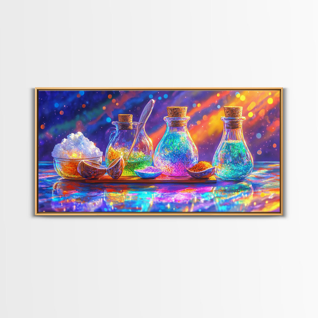 Rainbow Glass Spice Bottles With Salt And Citrus Canvas Print, Kitchen Wall Art, Colorful Decor, Food Art, Housewarming Gift
