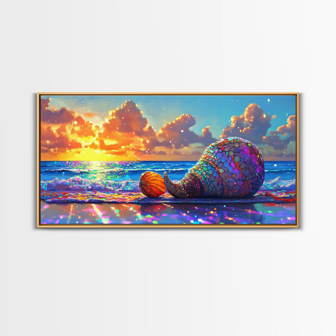 Mosaic Mermaid Tail Seashell At Ocean Sunset Canvas Print, Coastal Wall Art, Beach House Decor, Nautical Decor, Gift For Her