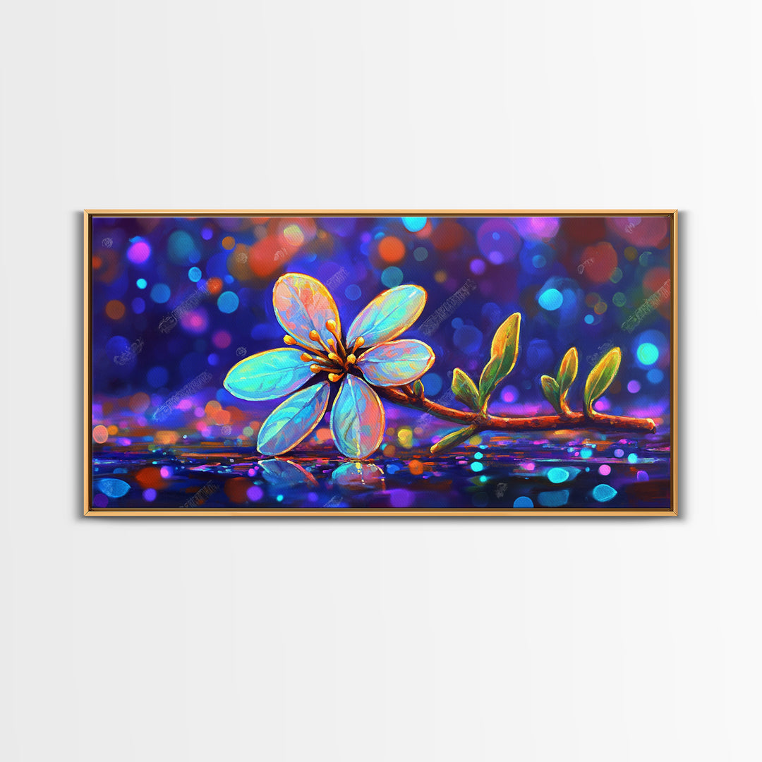 Delicate Blue Flower Branch With Bokeh Lights Canvas Print, Botanical Wall Art, Floral Wall Decor, Nature Art, Gift For Her