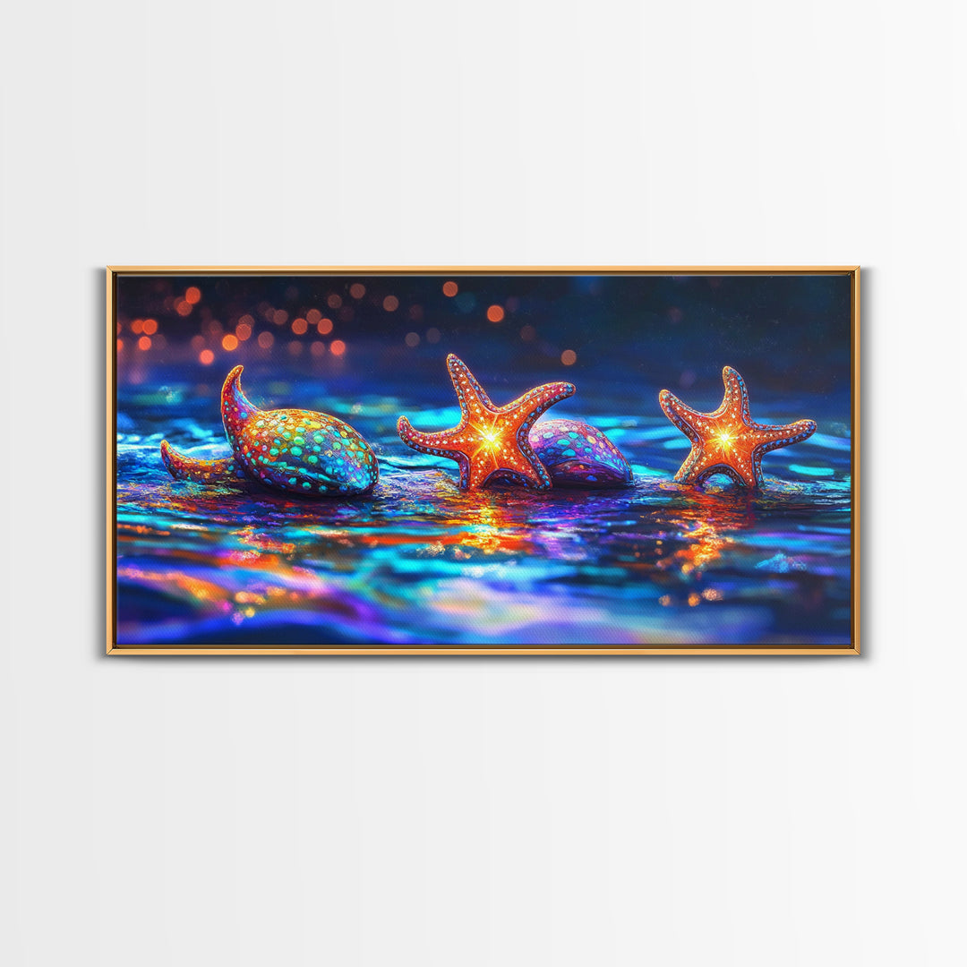 Glowing Starfish And Seashells On Neon Tide Canvas Print, Coastal Wall Art, Ocean Decor, Beach House Gift For Her, Living Room Decor