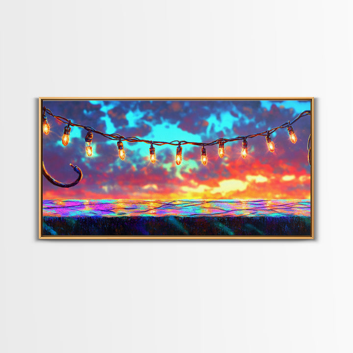 String Lights Over Sunset Patio Canvas Print, Outdoor Wall Art, Patio Decor, Rustic Home Decor, Summer Wall Decor, Gift For Her