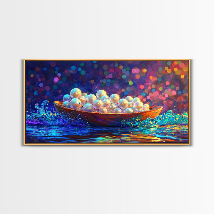 Glowing Pearls In Wooden Bowl Canvas Print, Coastal Wall Art, Ocean Decor, Elegant Bathroom Art, Luxury Home Decor, Gift For Her