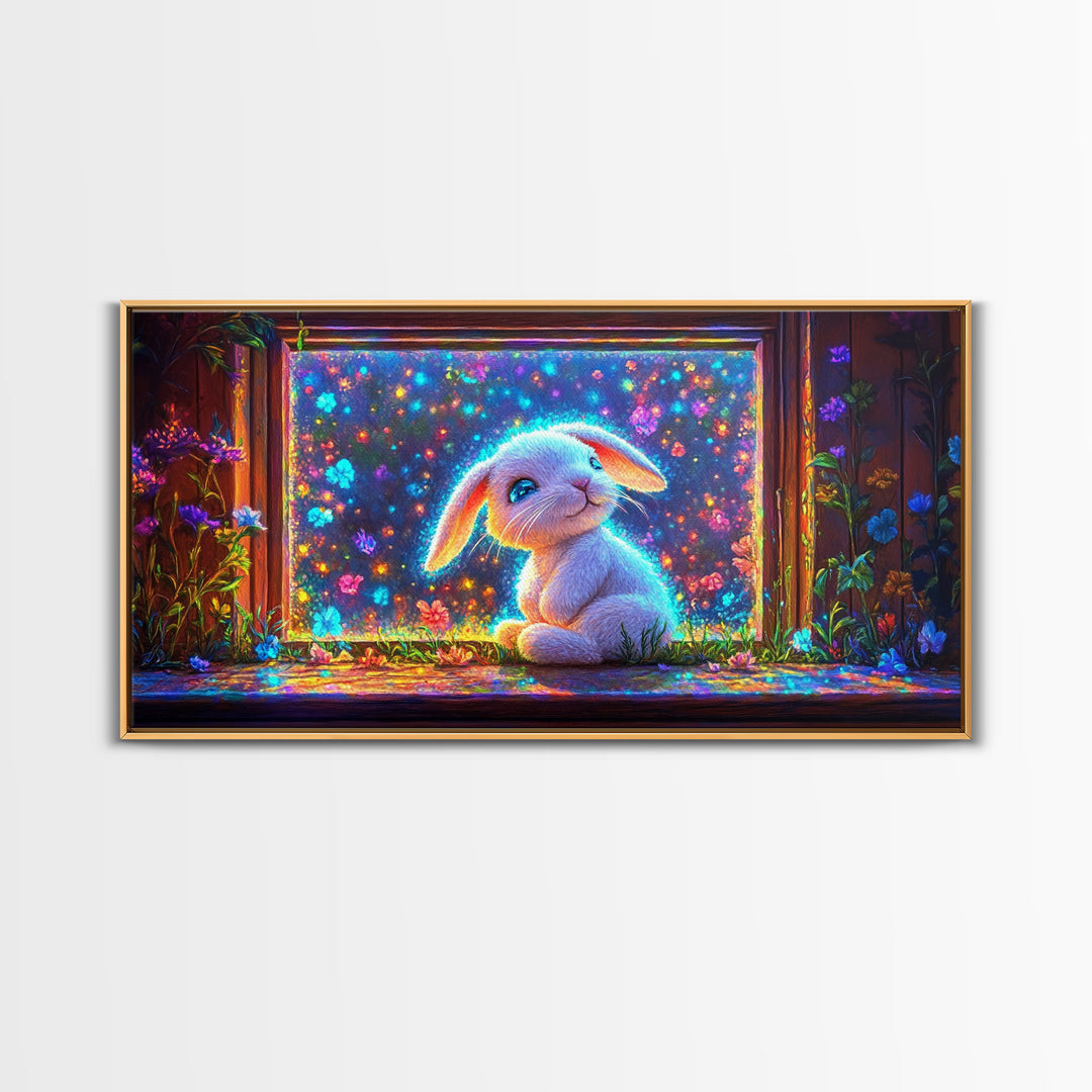 Glowing Bunny In Flower Window Canvas Print, Whimsical Wall Art, Nursery Decor, Kids Room Art, Cute Animal Gift, Baby Room Decor