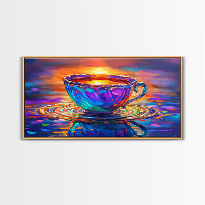 Vibrant Teacup At Sunset Reflection Framed Canvas Print, Cozy Kitchen Wall Art, Coffee Bar Decor, Gift For Tea Lover, Home Decor
